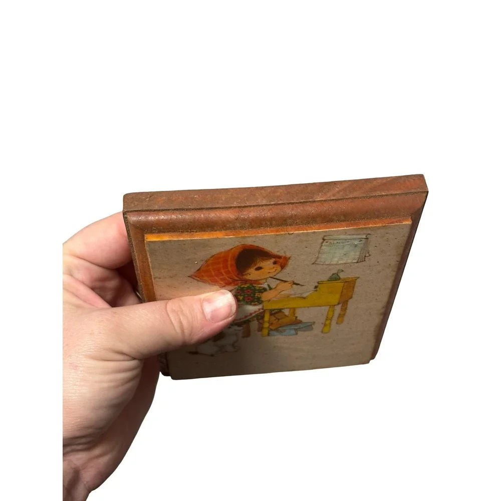 Vintage 1970s Wood Plaque Girl at Writing Desk with Dog Wall Decor
